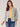 Chambray Blue Autumn Sunset Multi Three Quarter Blouson Sleeve Open Front Crochet Trim Reversible Abstract Print Round Neck Side Pocket Woven Jacket