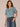 Dusty Blue Short Blouson Bubble Puff Shoulder Sleeve Scoop Neck Mixed Media Ringer Knit Top